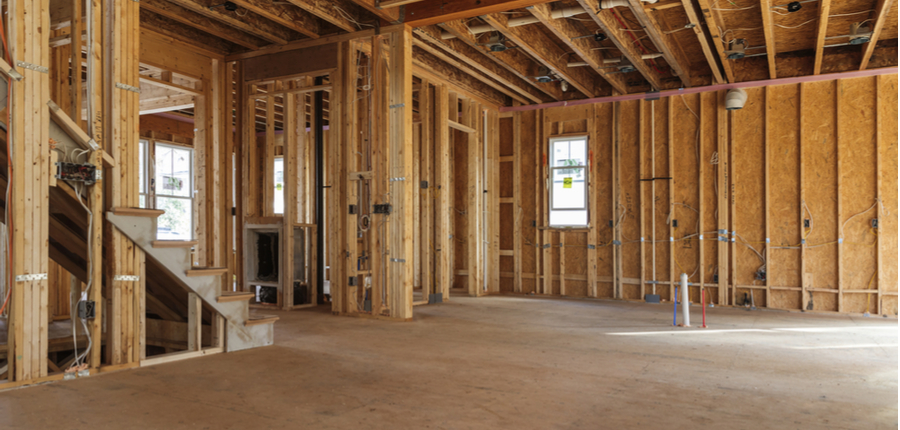 interior frame of a new basement under construction