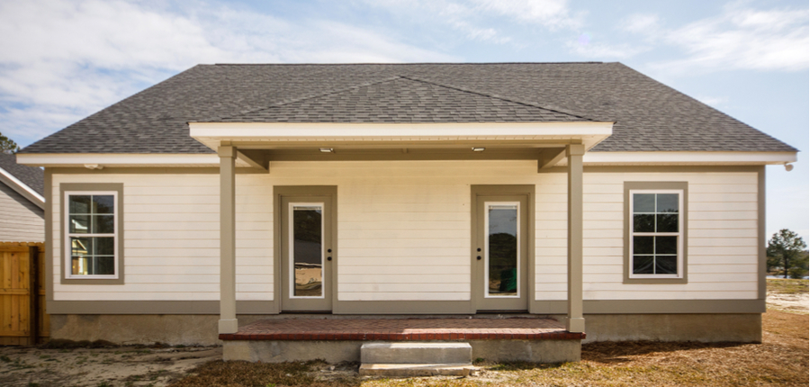 modern construction back porch with two glass doors